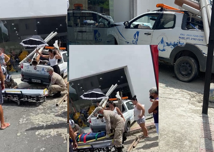 Carro do Saae se envolve em acidente com vítima em Linhares. Corpo de Bombeiros socorre ferido