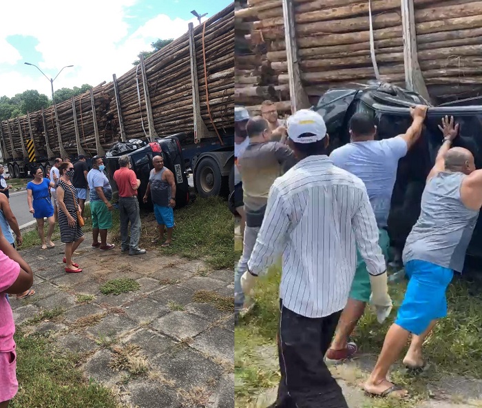 Carro capota em acidente com carreta de eucalipto no Trevo do BNH