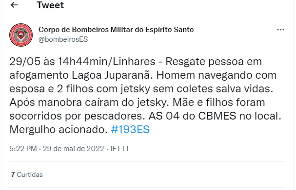Domingo de tragédia em Linhares: Casal e 2 filhos se afogam durante manobra de jet ski Na Lagoa Juparanã