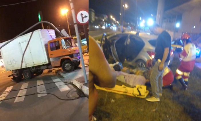 Acidente entre carro de passeio e caminhão, na lateral da BR-101, em Linhares