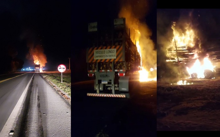 Madrugada: Carreta pega fogo na BR-101, em Linhares. Vídeo mostra cenas assustadoras