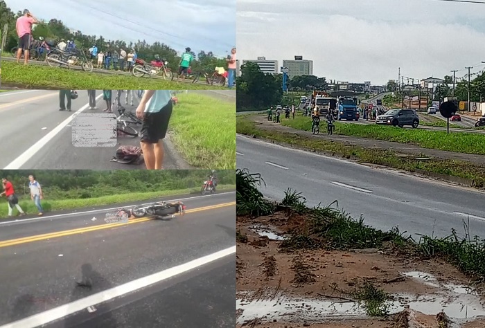 Grave acidente entre bike e moto na BR-101, em Linhares