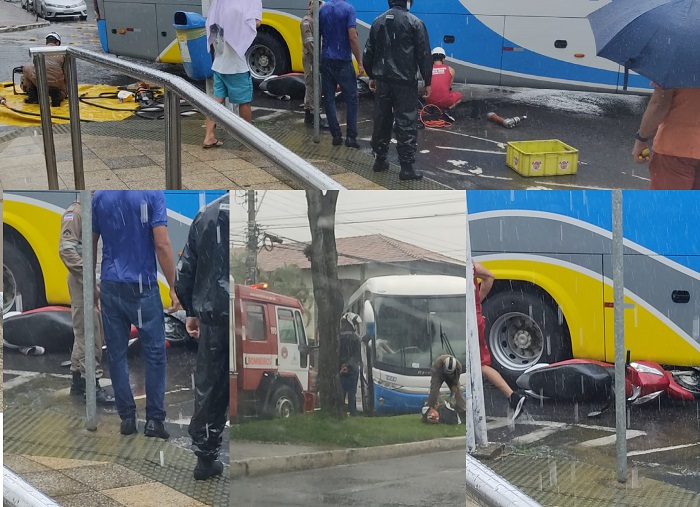 Acidente entre ônibus e moto deixa mulher ferida no Centro de Linhares