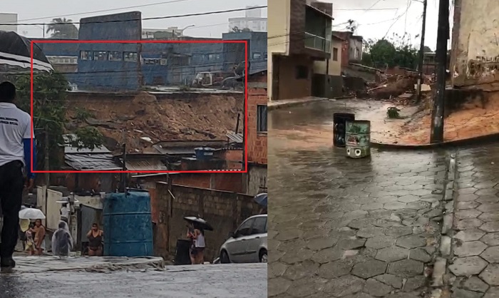 Muro cai sobre casas no chamado Beco da Junal, em Linhares