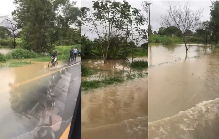 Água na BR-101, perto da Weg: Carro pequeno e moto não passam