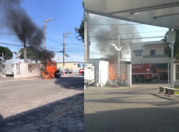 Carro pega fogo em frente à UPA, no bairro Shell
