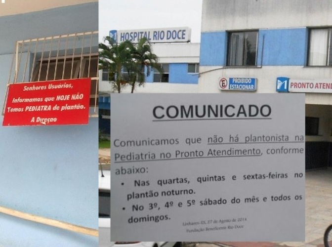 Cartaz anuncia falta de pediatra também no Hospital Rio Doce