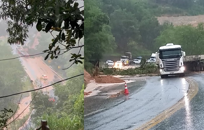 BR-101 interditada: Carreta é atingida por barreira que cai durante chuva forte em Pedro Canário