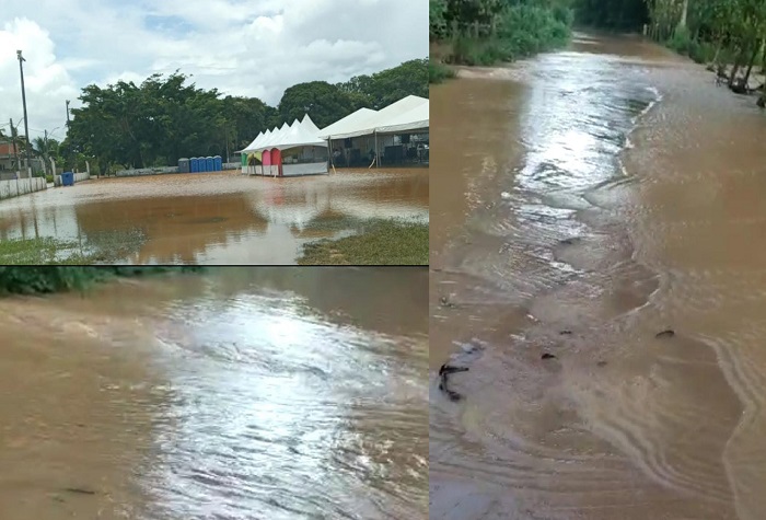Estrada de Povoação alagada, e área de eventos também