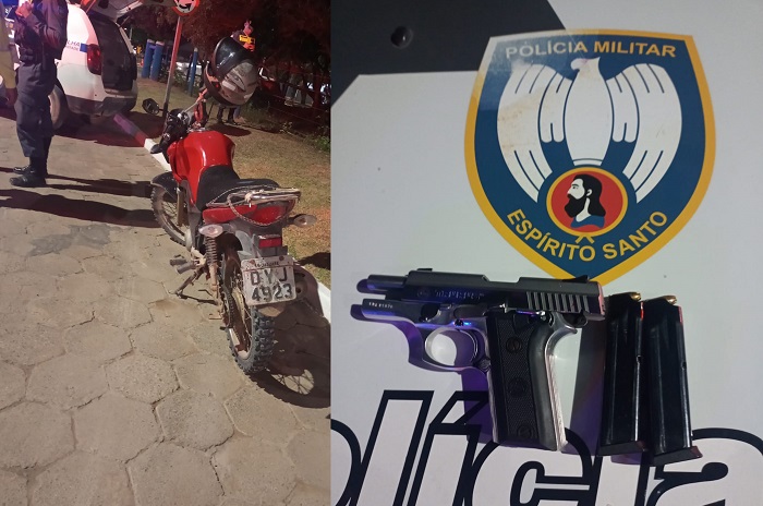Arma, munições e moto roubada apreendidas no Pontal do Ipiranga