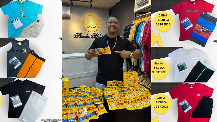 Bermuda + camisa por 100 Reais, e ainda ganha 1 cueca e 1 barra de chocolate na Meirele Modas