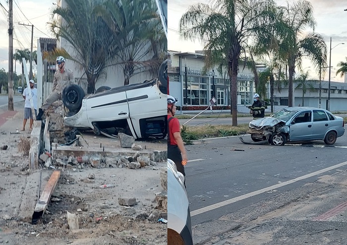 Acidente com feridos na BR-101 em Linhares. Carro fica com as rodas para cima