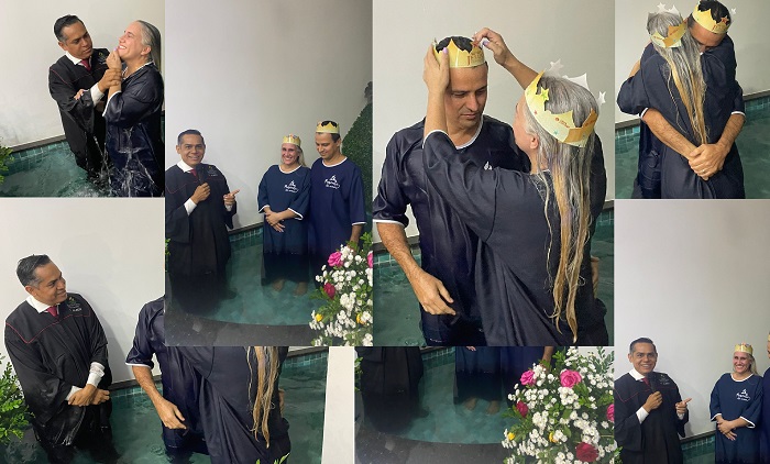 Casal se emociona durante batismo nas águas em Linhares. Léo e Ediana têm testemunho de milagre