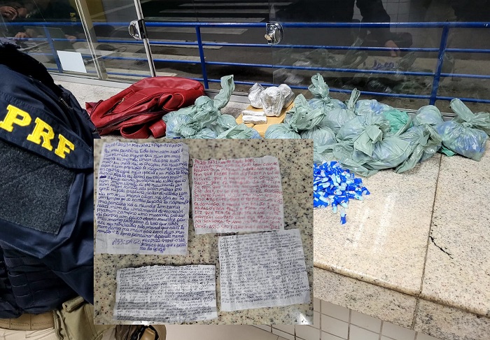 Cartinhas do crime, cocaína personalizada, e maconha apreendidas pela PRF na BR-101