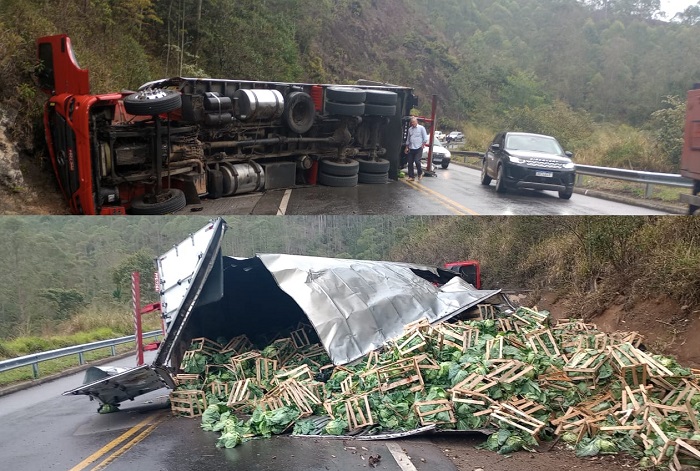 Caminhão tomba, e carga de verduras se espalha na BR-262, em Domingos Martins