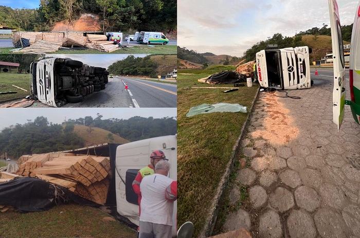 Carreta tomba na BR-101, condutor sofreu escoriações