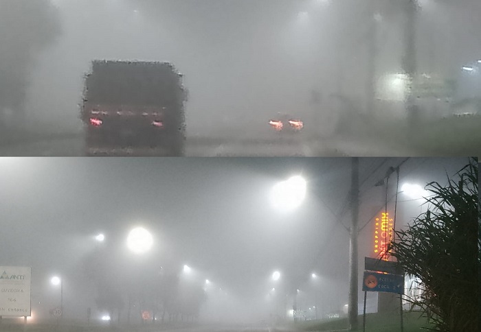 Neblina muda a paisagem de Linhares durante a noite e madrugada