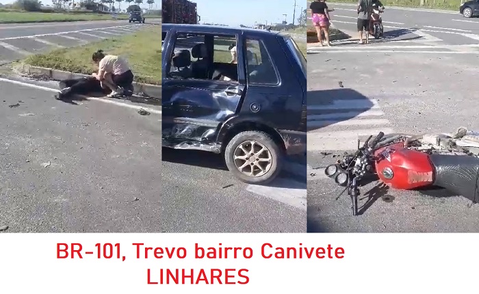 BR-101: Acidente deixa moto e condutor no asfalto, na entrada da Juparanã, Linhares