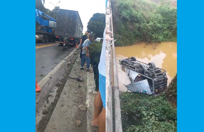 BR-101: Caminhão cai de ponte, e motorista não consegue sair da cabine