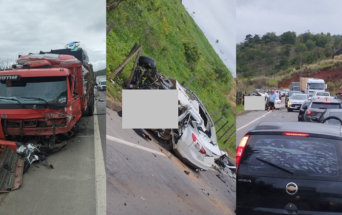 BR-259: Condutor de automóvel ultrapassa fileira de carros e colide de frente com caminhão