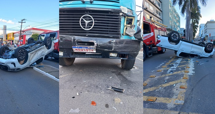 Colisão seguida de capotamento no Centro de Linhares. 3 feridos