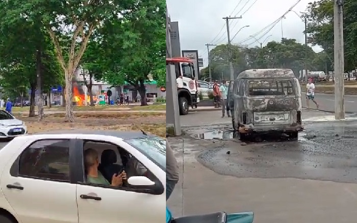 Kombi pega fogo no pátio de posto de combustíveis em Linhares