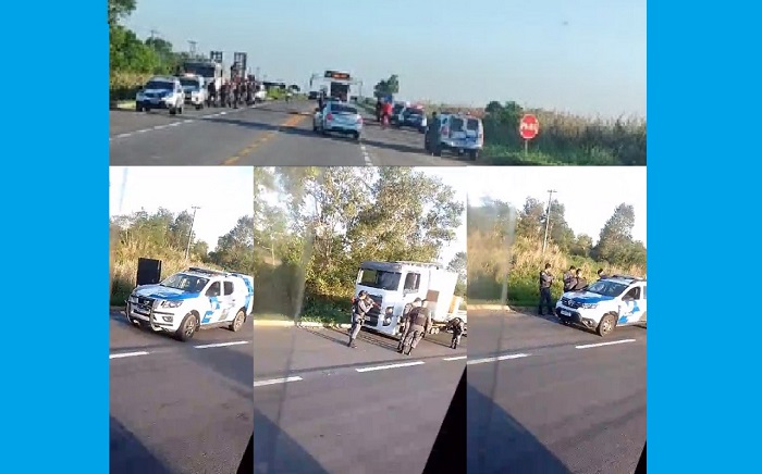 Muitas viaturas, até K9 na entrada para o Guaxe, BR-101, Linhares