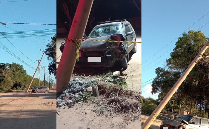 Duas mulheres feridas: Carro bate e quase derruba poste no Pontal do Ipiranga
