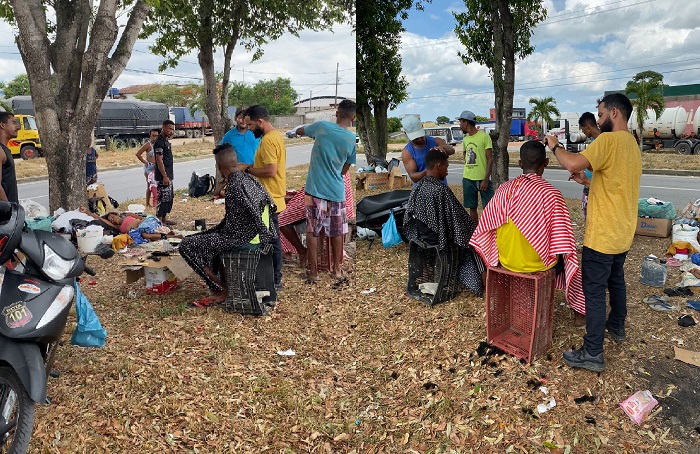 Barbeiro de Linhares dá “um trato” nos cabelos e barbas de moradores de rua em Sooretama, e em plena BR-101
