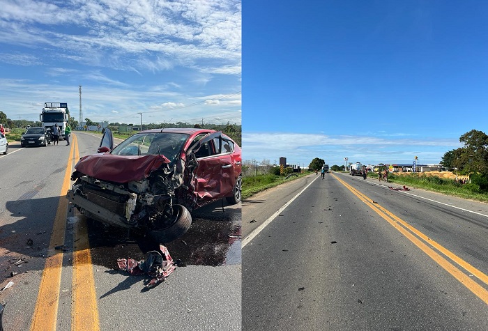 Carro fica com frente destruída em colisão na BR-101, Linhares