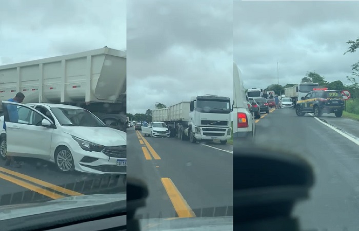 Acidente em Linhares: Carro “entra” sob carreta na BR-101, perto do Posto da PRF