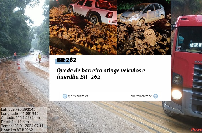 BR-262 liberada: A queda de barreira atingiu veículos e interditou a rodovia