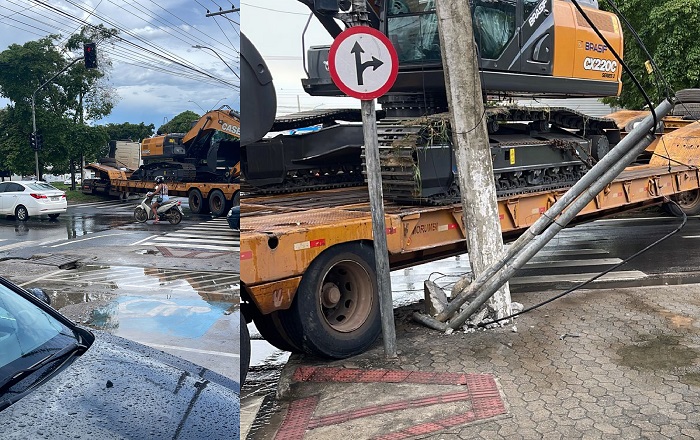Guincho “gigante” atinge poste após tentar conversão na lateral da BR-101 em Linhares