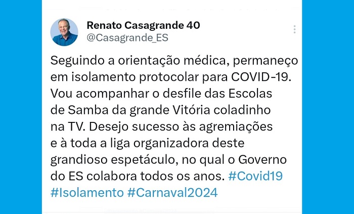 Com Covid (pela terceira vez), Casagrande assiste desfile de carnaval pela TV