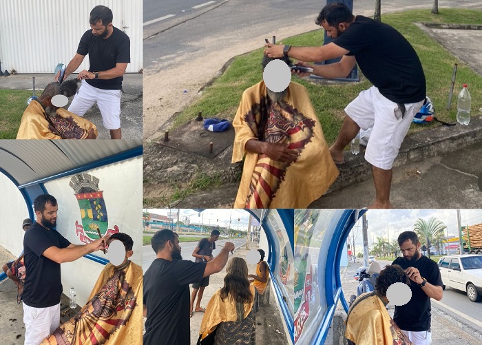 Barbeiro de Linhares aproveita para “dar um trato” nos cabelos e barbas de moradores de rua no Carnaval