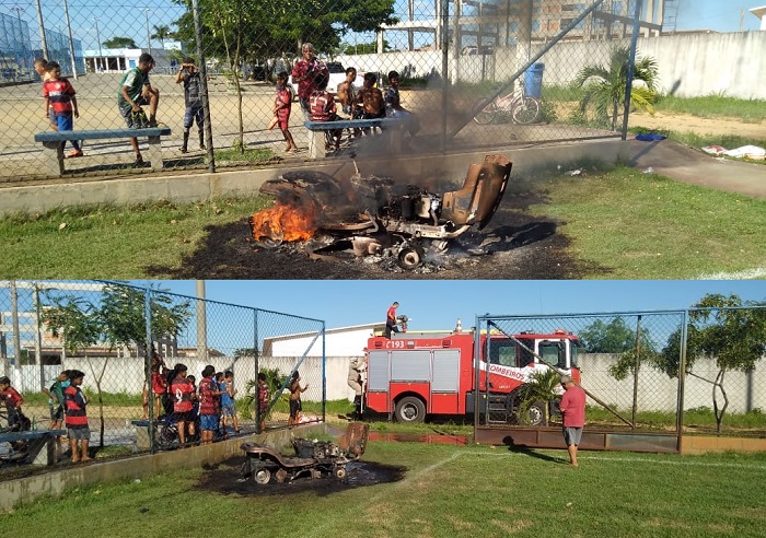 Susto no campo: aparador de grama é destruído pelo fogo em Bebedouro, Linhares