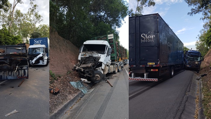 Acidente entre 2 caminhões e 1 carreta e com vítima na BR-101, em Sooretama