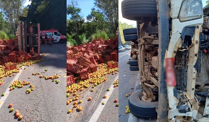Caminhão tomba, colide com moto e motociclista morre na BR-262