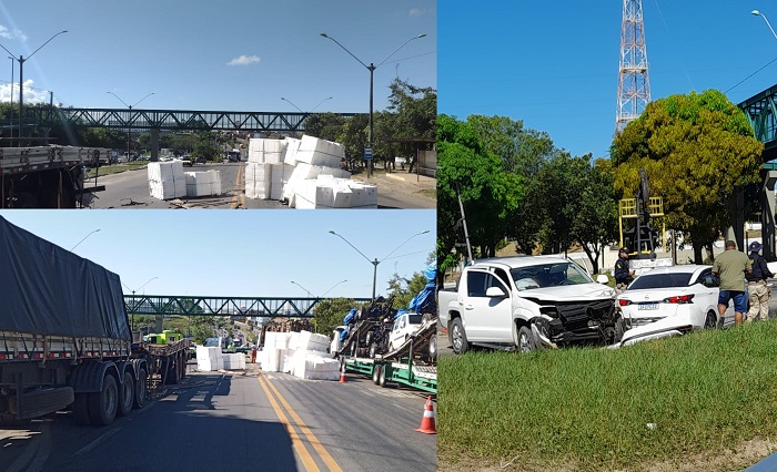 Veja fotos: Carga e veículos envolvidos em acidente interditam BR-101 em São Mateus