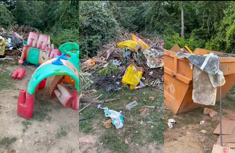 Flagra: Sacos de ração, restos de tudo jogados bem ao lado de container. Entrada do Gravatá, Linhares