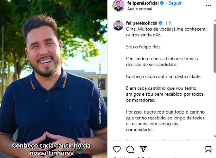 Candidato bonitão (à vereador de Linhares) aposta em apresentação na Praça 22 de Agosto