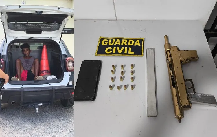 Homem flagrado com submetralhadora e preso pela GCM de Linhares no bairro Aviso.