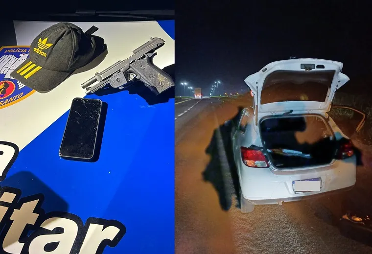 Pistola apreendida em abordagem a Onix que saiu do Jocafe, Linhares