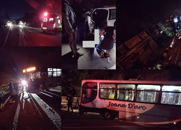 Muitos feridos em acidente entre dois ônibus e carro de passeio, BR-101, Linhares