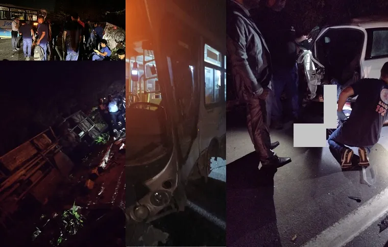 Mais de 10 feridos em acidente: 2 ônibus e um carro colidiram na BR-101, em Linhares