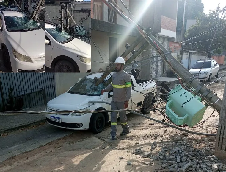 Susto: Poste cai sobre carro no Interlagos, Linhares. “Tem mais um que também vai cair”