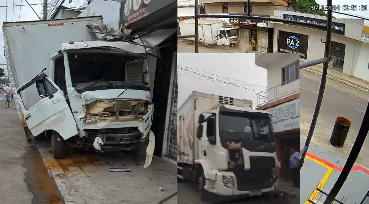Caminhões-baú colidem em semáforo, e lojas são atingidas em Linhares