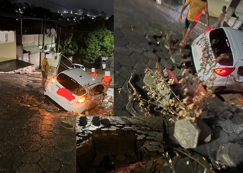 Carro cai no buraco no Shell, Linhares. “Danificou a frente toda”