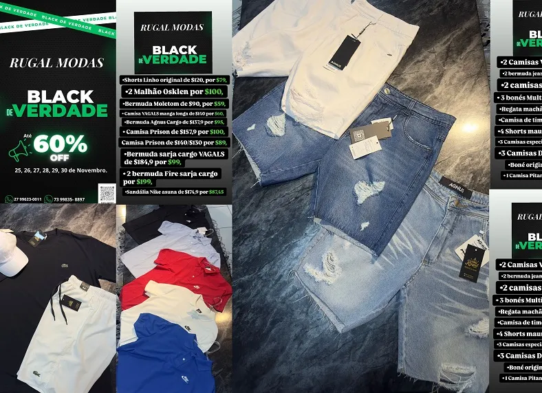Black de Verdade: 3 camisas por R$100, e 4 shorts por R$ 100. Veja a lista da Rugal Modas