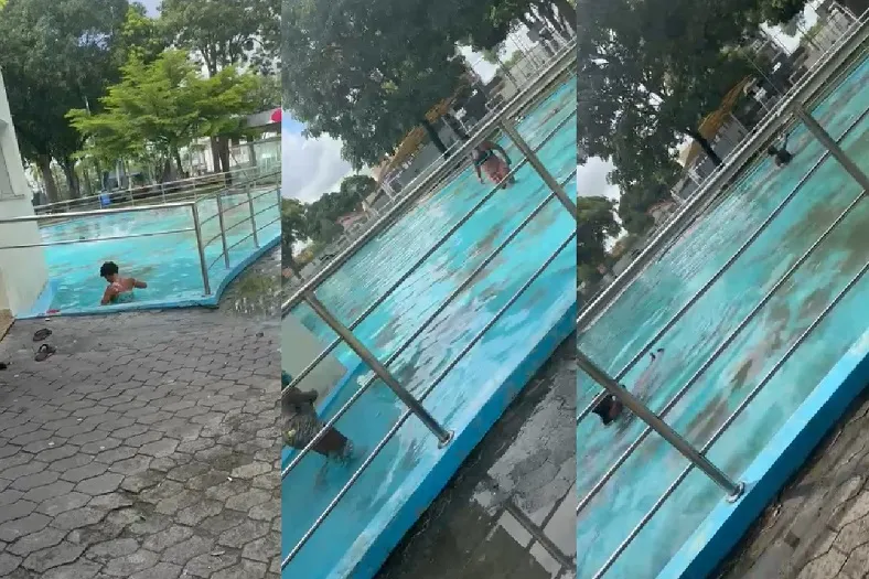 Banho em plena Praça 22 de Agosto, Linhares. “Ê belezura!”
